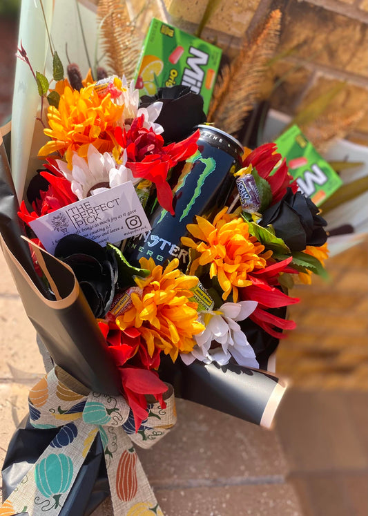 Energy drink and candy bouquet